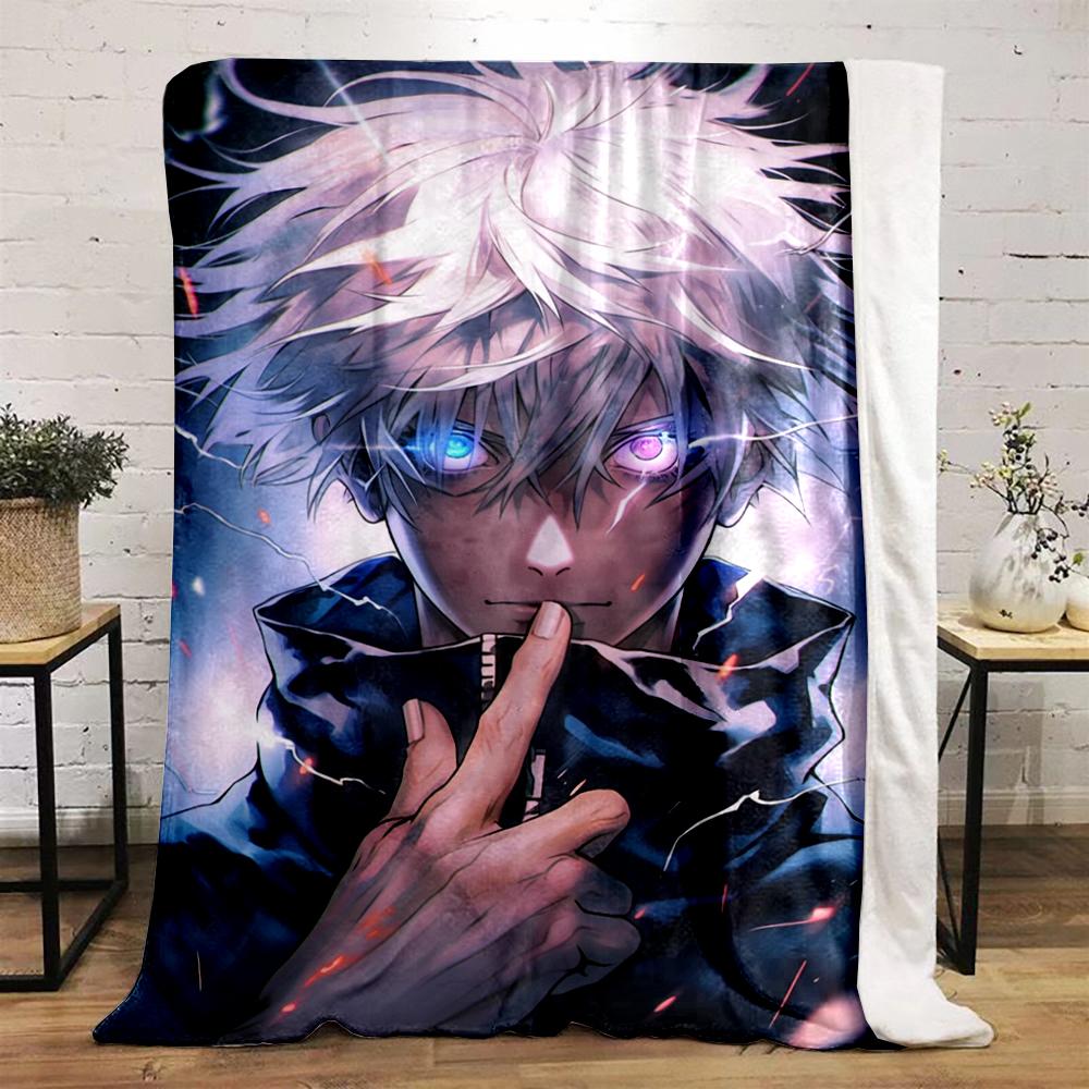 White-Haired Anime Character with Glowing Eyes Flannel Blanket for Bedroom, Living Room, Sofa, and Nap Sofas