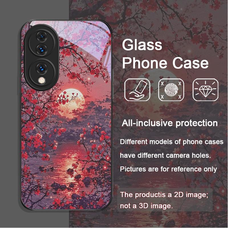 Moon Cherry Blossom Pattern Scenery Tempered Glass Phone Case for Huawei Nova 13 12 11 10 SE Mate 70 60 Pro Plus P60 P40 Covers