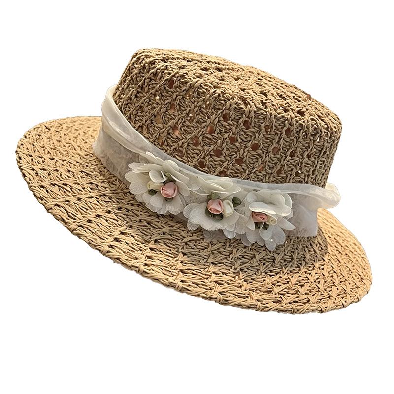 French Hollow Flower Elegant Flat Hat Summer Seaside Breathable Wide Brim Sun Hat Sun Hat Beach Straw Hat