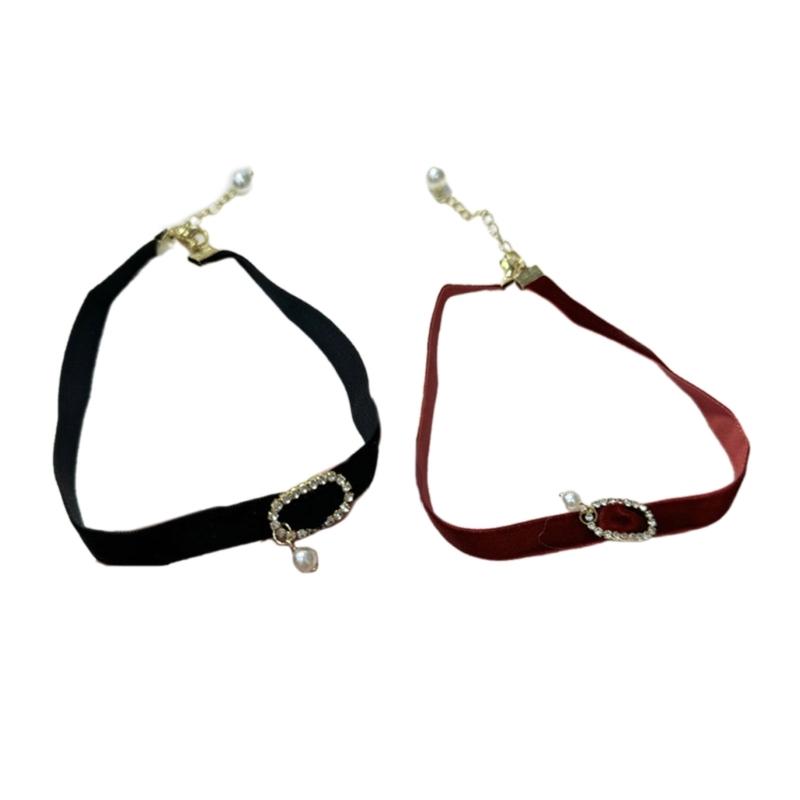 Trendy Crystal Circle Buckle Choker Necklace Lady's Sexy Velvety Clavicular Chain Chic Black/Wine Neck Jewelry