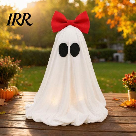 Cute Ghost Halloween Ornament LED Decoration, Pink Bow Tabletop Ornament, Soft Decoration Fabric Haunted House Decor with Warm Glow for Home Flexible
