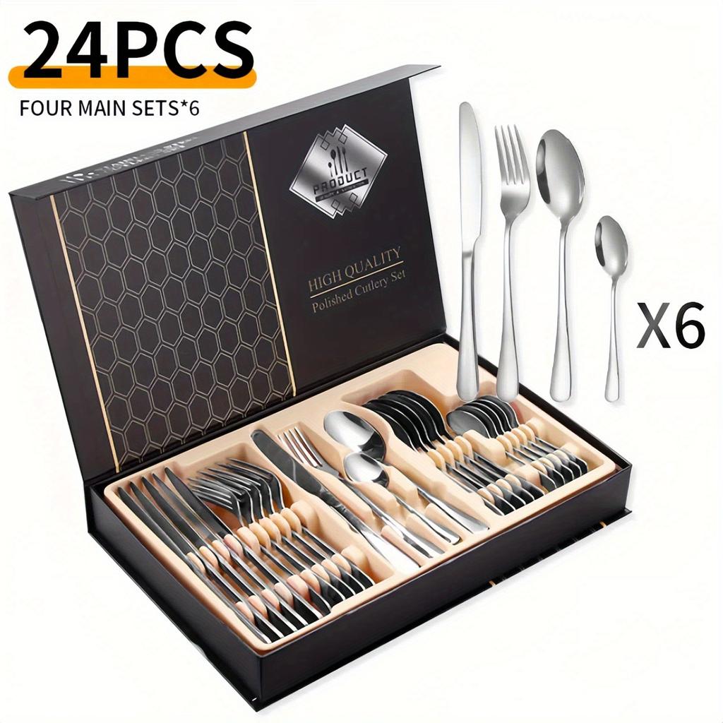 24Stainless steel cutlery set - Mirror-polished fork  knife  and spoon set  Suitable for home use  Hotel Weddings and banquets Dishwasher