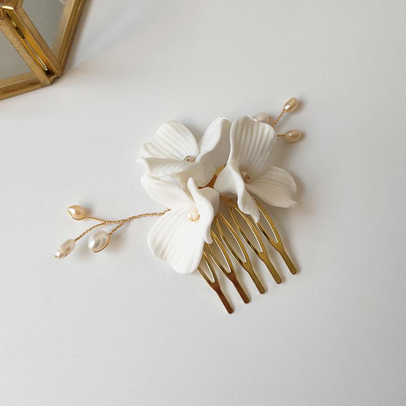 Diadema da Sposa Fiore in Argilla Ceramica Cristallo Perla Pettine per Capelli Spille Accessori Copricapo da Donna per Matrimonio Festa Idee Acconciature
