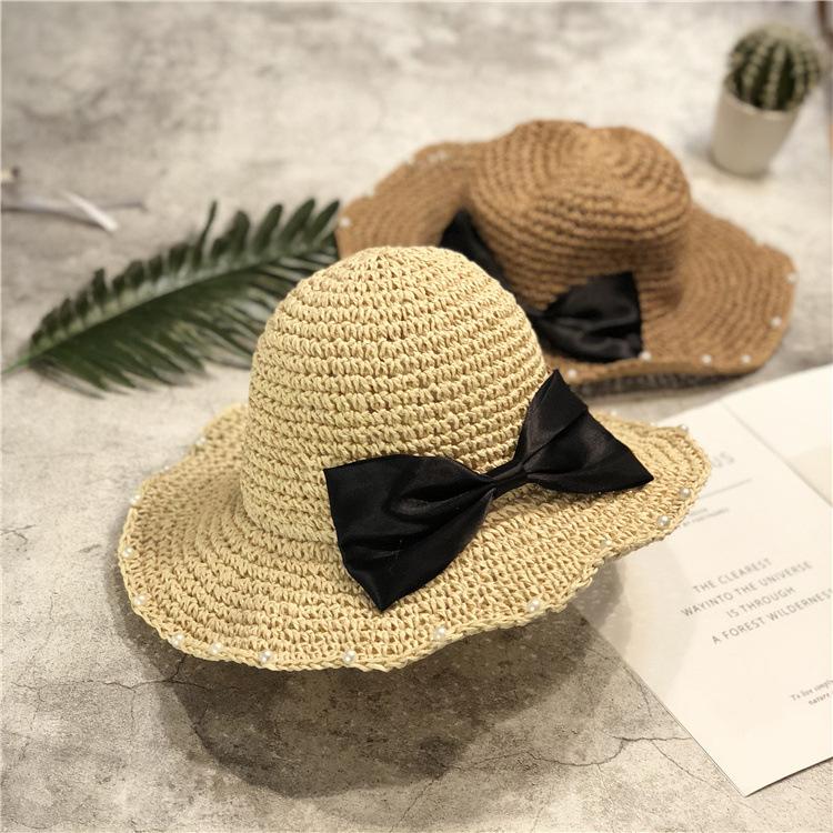 

Summer hat women s fashion bow pearl bucket hat women s beach sunshade straw hat cool hat бежевий