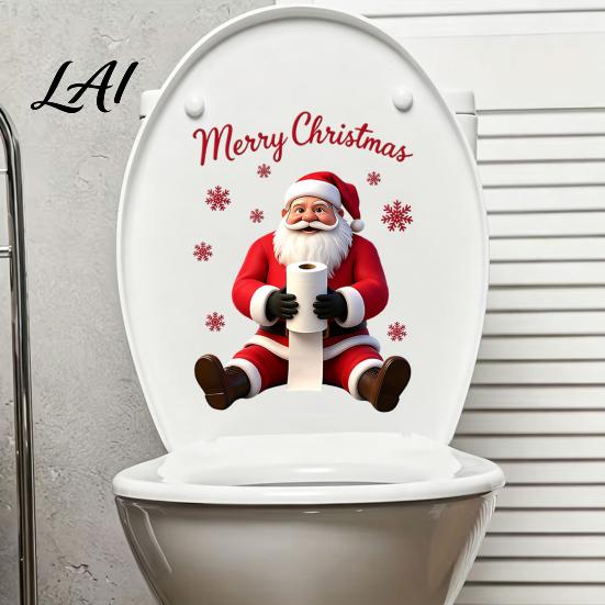Holiday Home Decor Stickers Santa Claus Toilet Sticker Waterproof PVC Christmas Bathroom Decal for Atmosphere Wall Decoration Removable Snowflake