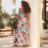 Women Spring Summer Strapless One-Shoulder Print Ankel-Length Dress V-neck High Waist