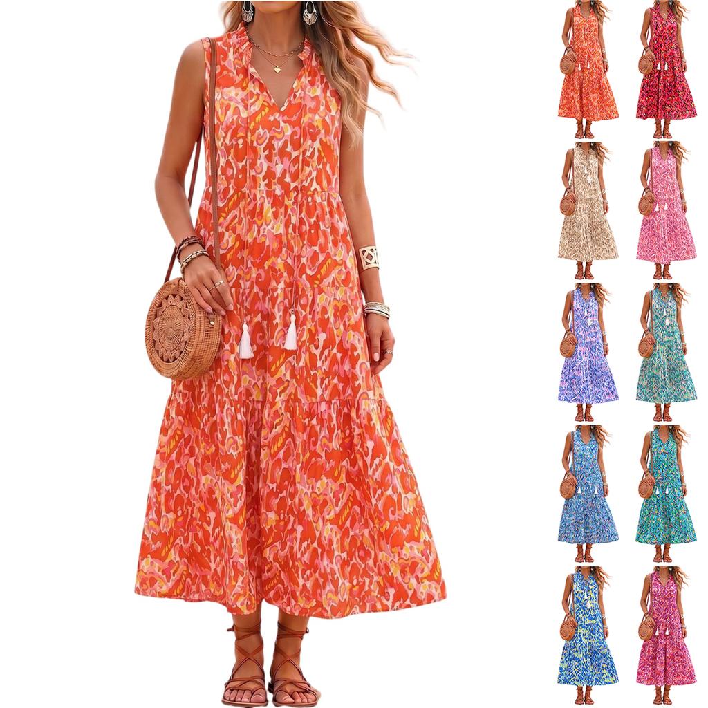Women Sleeveless V Neck Tassel Tie Printed Dress Relaxed Fit Holiday Style Flowy Waist Tank Dress for Summer Beachwear