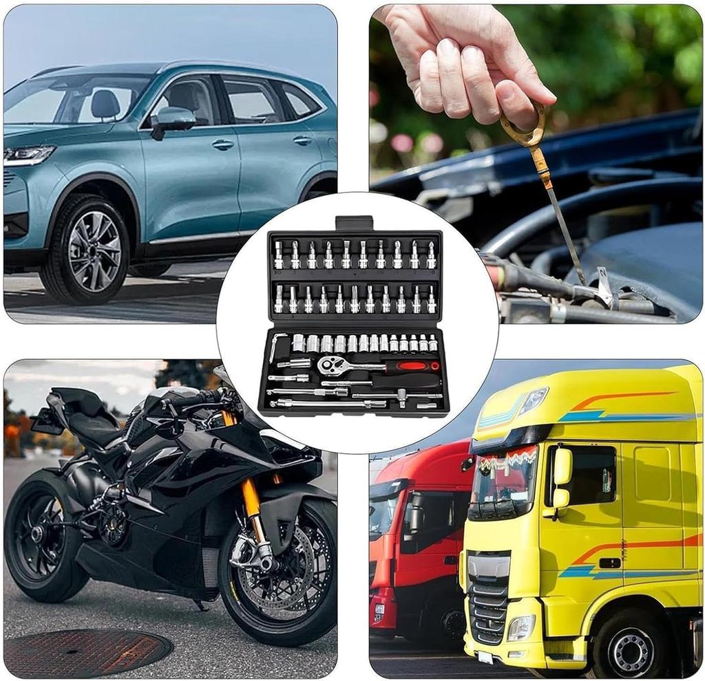 46PCS 1/4 Inch Drive Socket Set,Metric Ratchet Wrench Set with 4-14mm CR-V Sockets, Mechanic Tool Kits for Household Auto Repair