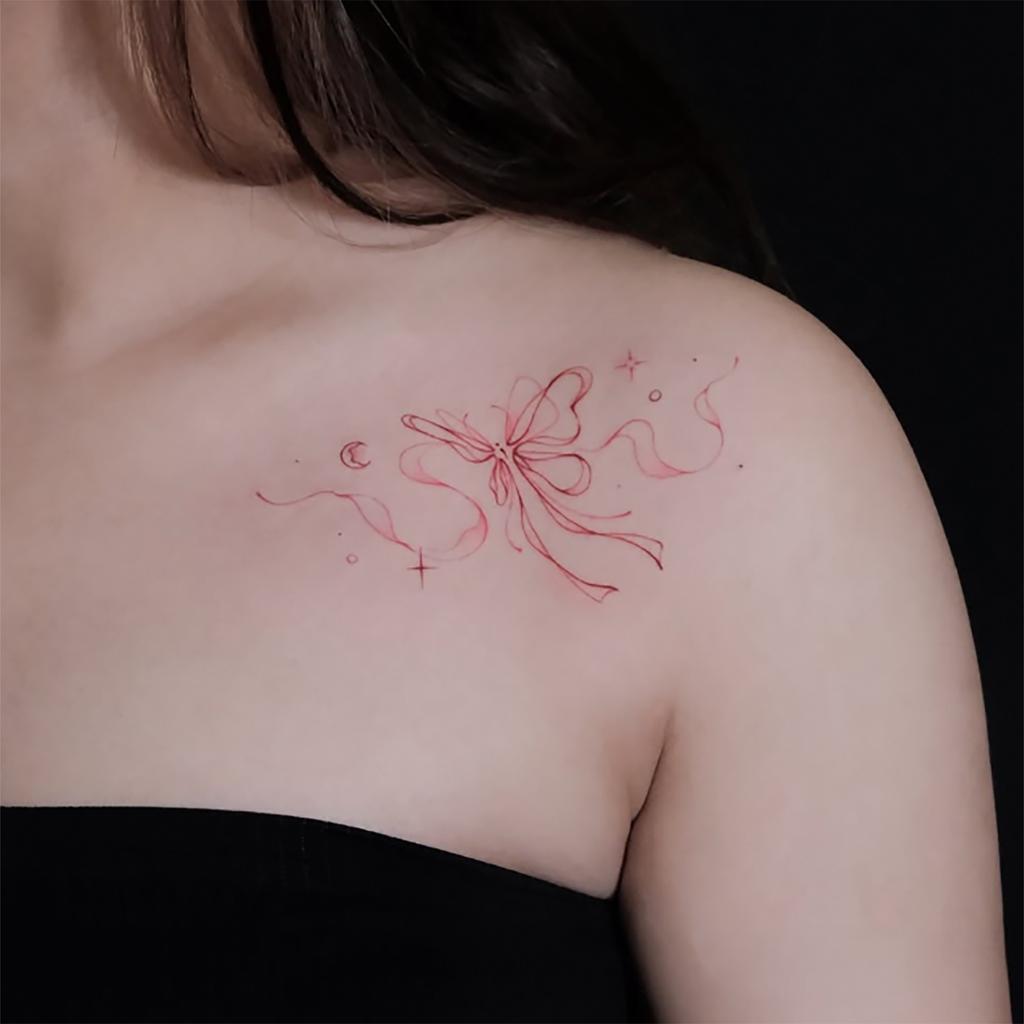 Tattoo Sticker Pink Waterproof Long-Lasting Female Arm Bow Disposable Temporary Tattoo Sticker