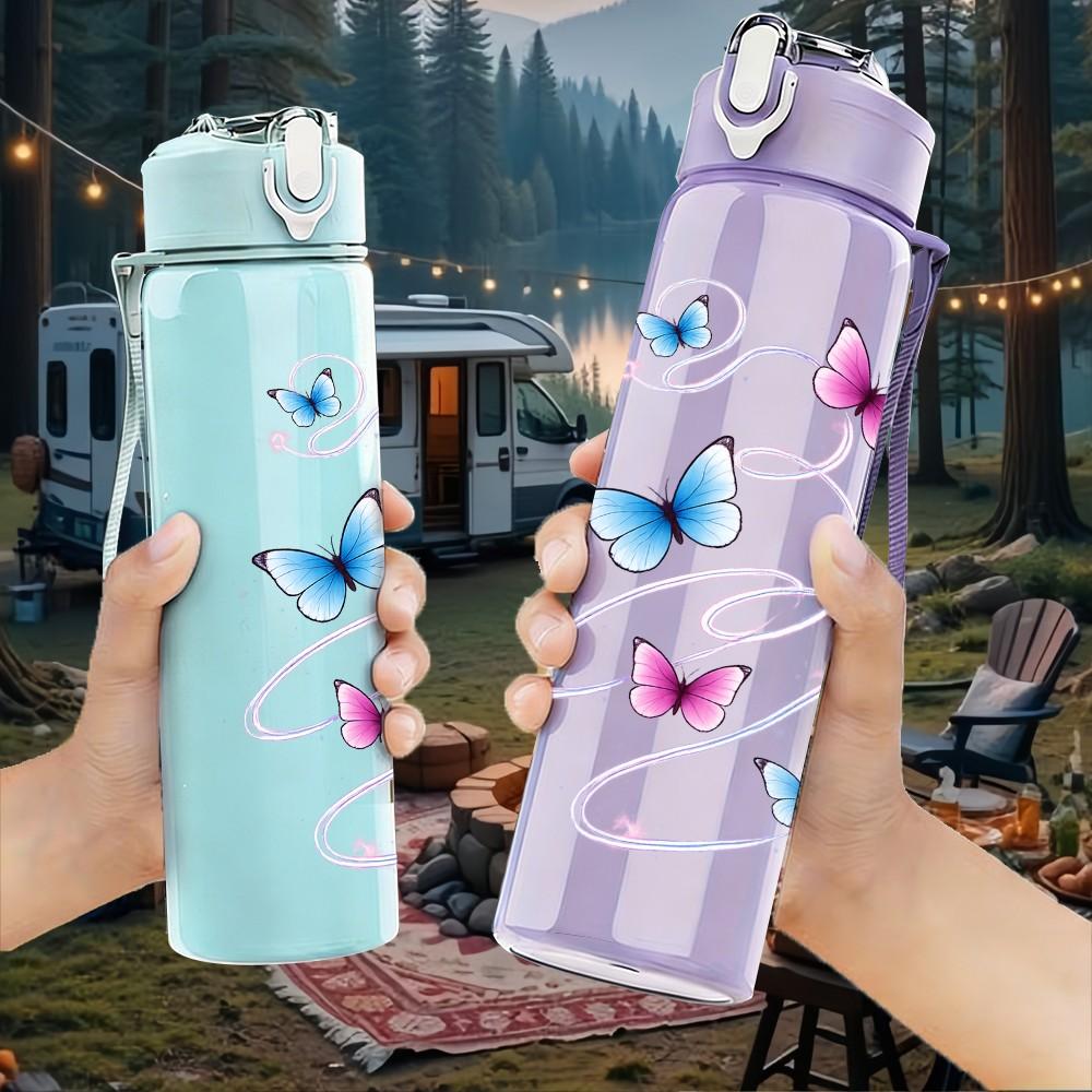 1PC Multiple Butterflies Floating Air Print 750ml Color Plastic Sports Water Bottle Leakproof Flip Straw Lid Suitable for Sports Office Home Use