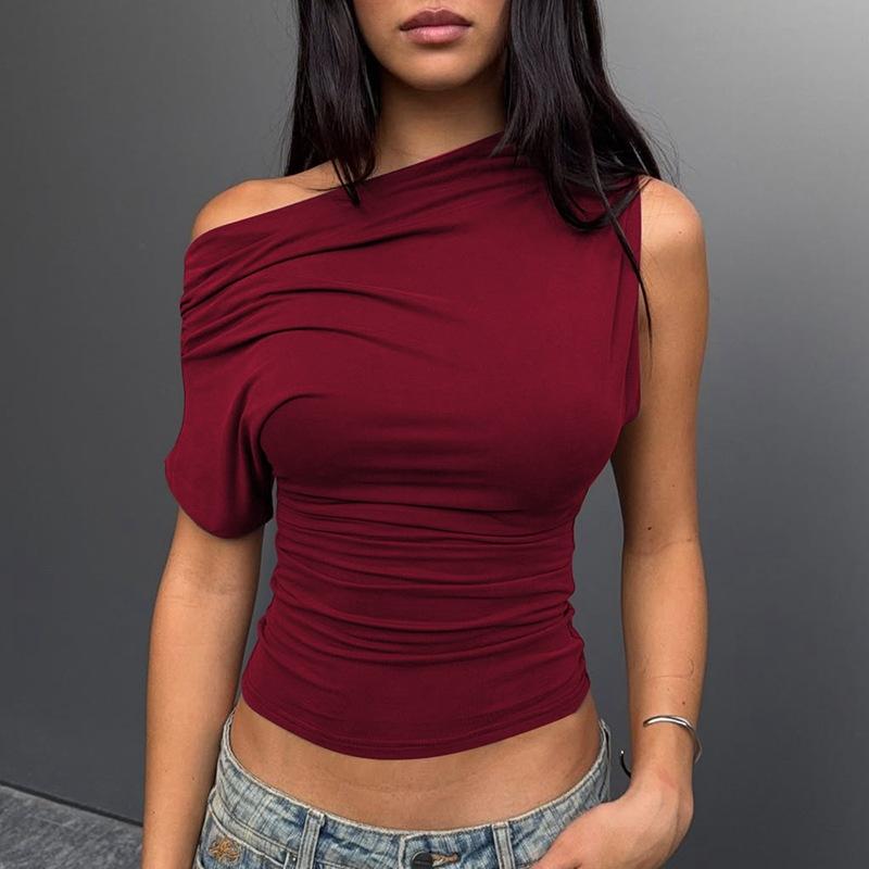 European and American Ins Style Women's Clothing Spring and Summer New Solid Color Fashionable Simple Single Shoulder Pleated Slim T-shirt Top