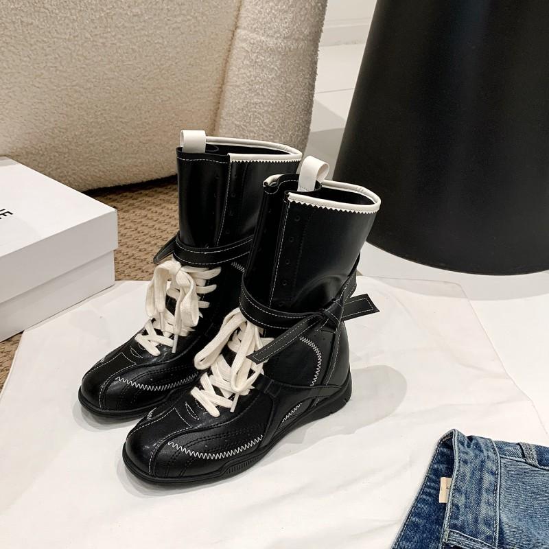 Womens Retro Western Combat Boots With 6cm Hidden Heel Lace-Up Round Toe Leather Ankle In Brown Black