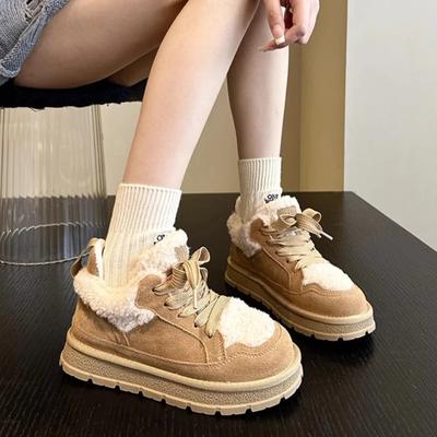 2024 Winter New Women's Keep Warm Cotton Shoes Fashion Platform Lace Up Low Top Sneakers Women Casual Plus Velvet Snow Boots