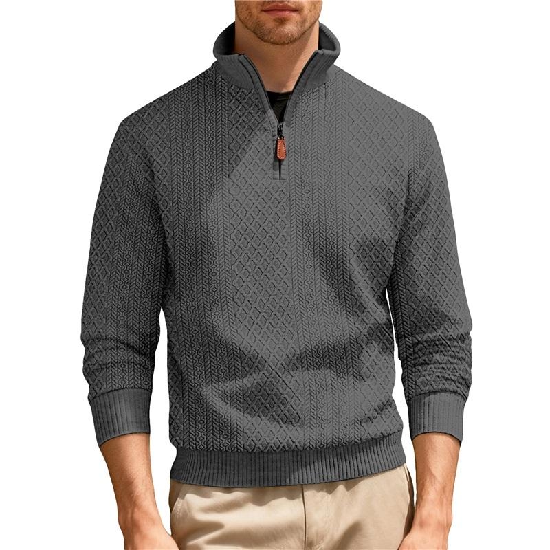 Men's Quarter Zip Pullover Sweater Diamond Jacquard Knit Stand Collar Long Sleeve Casual Sweatshirt For Business & Daily Wear