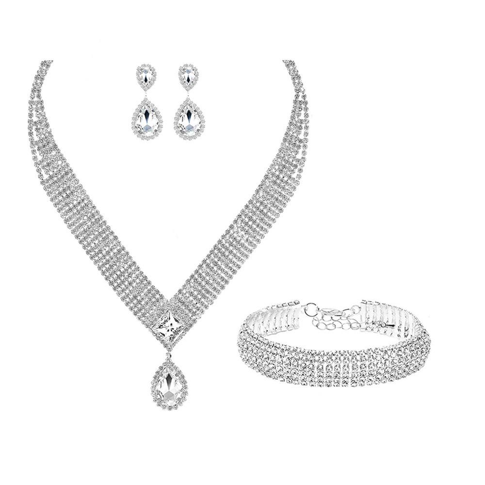 Water Drop Necklace Earring Bracelet Set With Zirconia For Bridal Wedding Dress Accessories