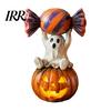 Cute Pumpkin Decor Halloween Ghost Figurine, Sitting on Holding Candy Fall Seasonal Accents Statue, Spooky Resin Table Ornament for Indoor Mantle