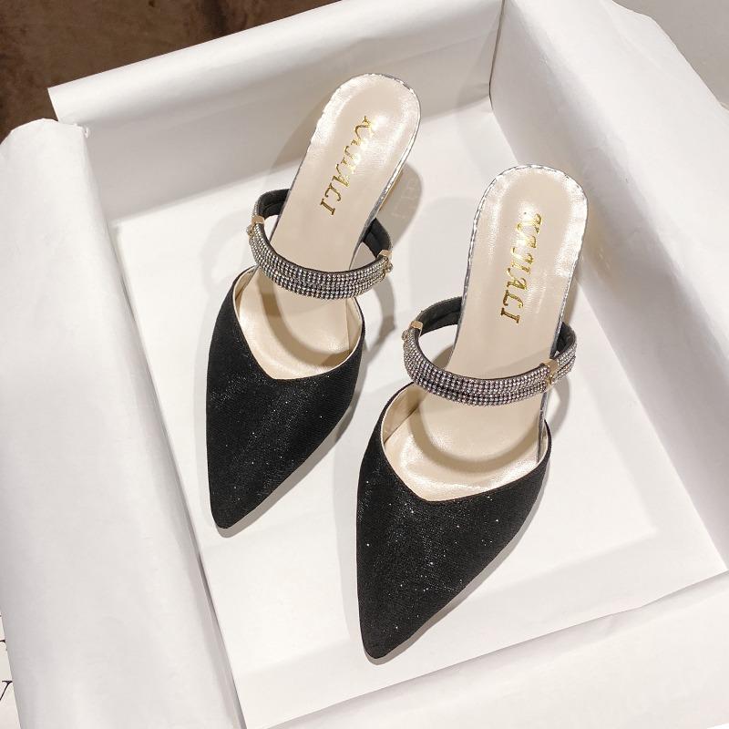 Fashion 2024 Summer Women Pointed Toe Glitter High Heels Slippers Sexy Woman Shoes Fashion Women Slippers Metal Heel Woman Pumps