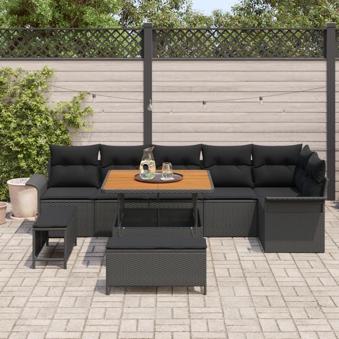 VidaXL Ensemble de canapé de jardin 9 pièces avec coussins Noir Poly Rattan Acacia 3362144