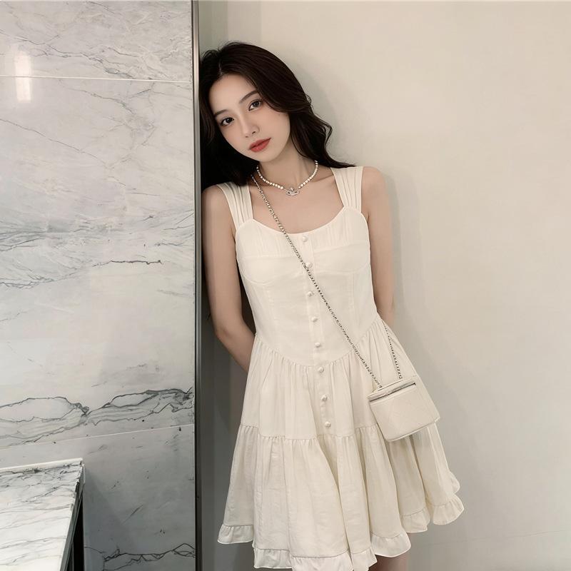 French Gentle Wind White Square Neck Sleeveless Dress Women's Summer Waist Skinny Single-breasted Lotus Leaf Edge Temperament Short Skirt