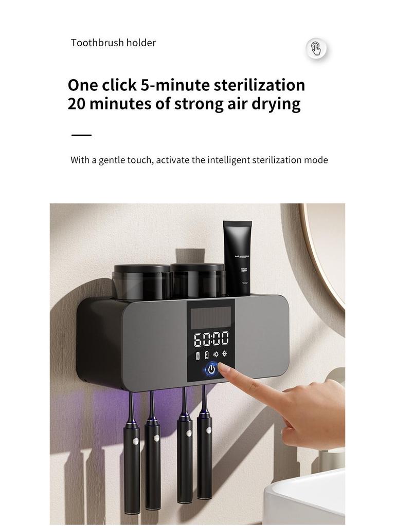 Olovvs Smart UV-Zahnbürstensterilisator mit elektrischer Trocknung, stanzfreier Installation, Mundspülbecher und Zahnpastahalter.