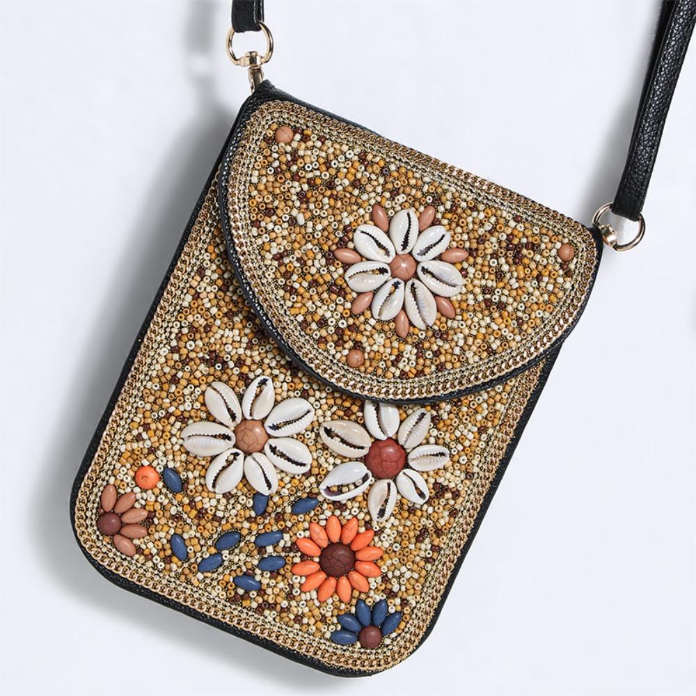 

Fashion Colorful Beads Crossbody Bag Small PU Cell Phone Shoulder Bag Handmade Boho Travel Purse Wallet