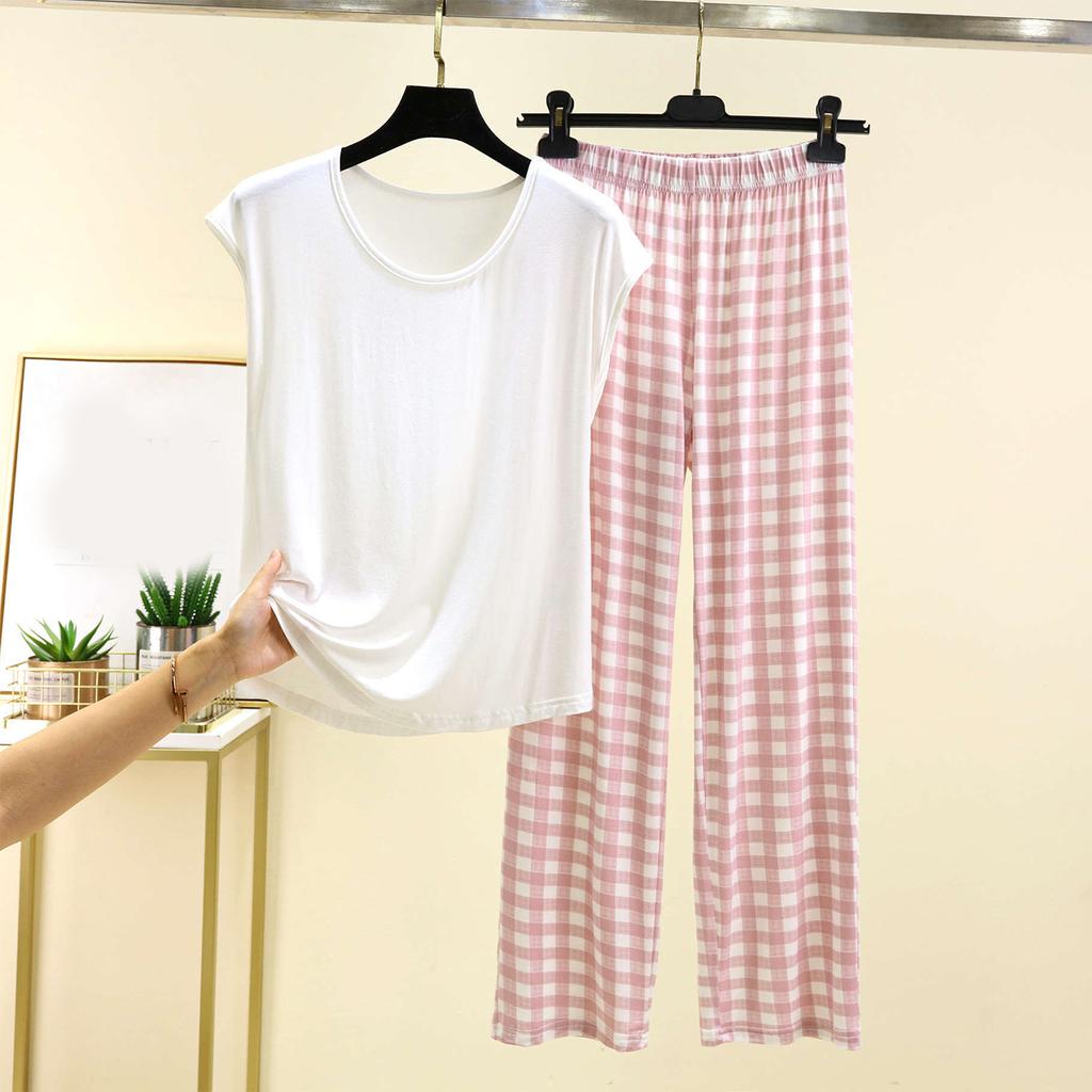 Ladies' Casual And Comfortable Round Neck Solid Color Top With Checkered Printed Pants Plus Size Set