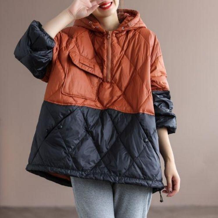 

Winter Warm Women s Loose Pullover Hooded Cotton Padded Jacket Casual Outerwear Large Size Ins Contrast Color Splicing Tide 2XL [170-105 kg] оранжевый