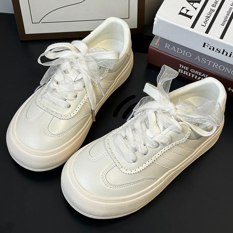 

61 перламутровая кожаная поверхность низкий верх толстая подошва женские весенние новые балетный стиль лента элегантный темперамент 40 жемчужина белый