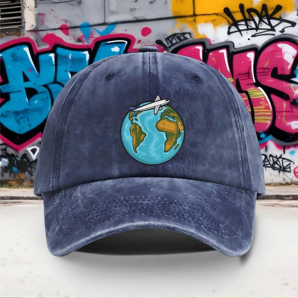 Flugzeug Erde Reise Baseballkappe Gewaschene Baumwolle Outdoor-Abenteuer Verstellbare Unisex-Kappe
