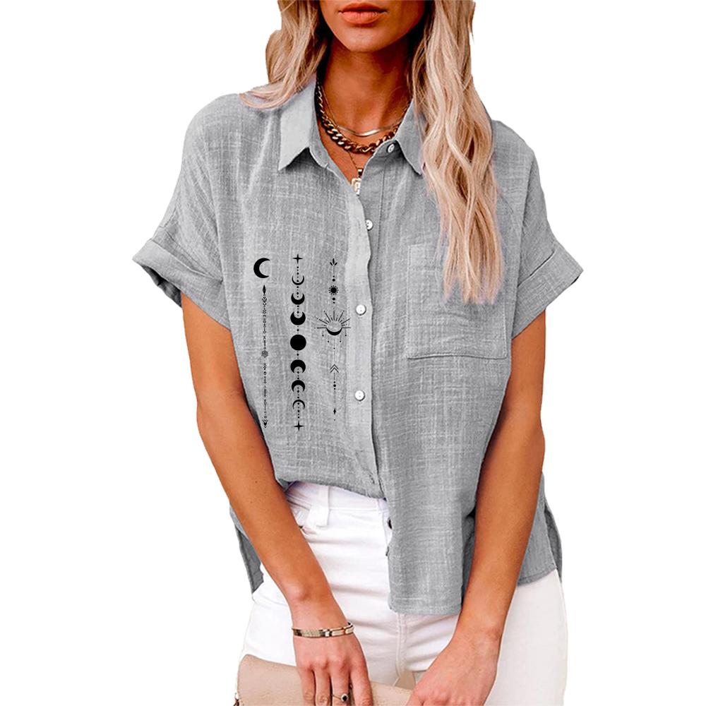 Plus Size Women Fashion Lapel Neck Print T-shirt Summer&autumn Casual Linen Top Ladies Buttoned Shrit Loose Short Sleeved Blouse