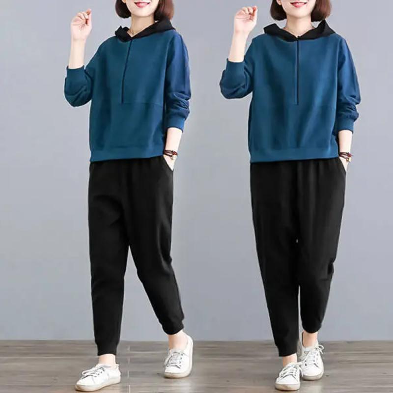 Completo da donna, completo sportivo da corsa, ampio, con cappuccio, felpa e pantaloni, due pezzi, completo casual.