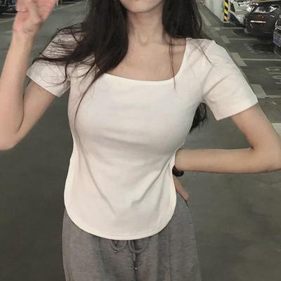 2025 Summer Pure Desire Big U-Neck Slim Fit Irregular Short-Sleeved Hot Girl T-Shirt