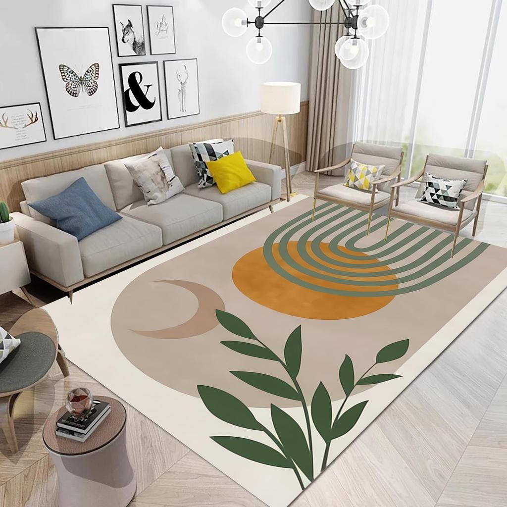 Boho Mid Century Style Area Rug Modern Plant Leaves Carpet Non Slip Abstract Art Floor Mat for Living Room Bathroom Office Decor