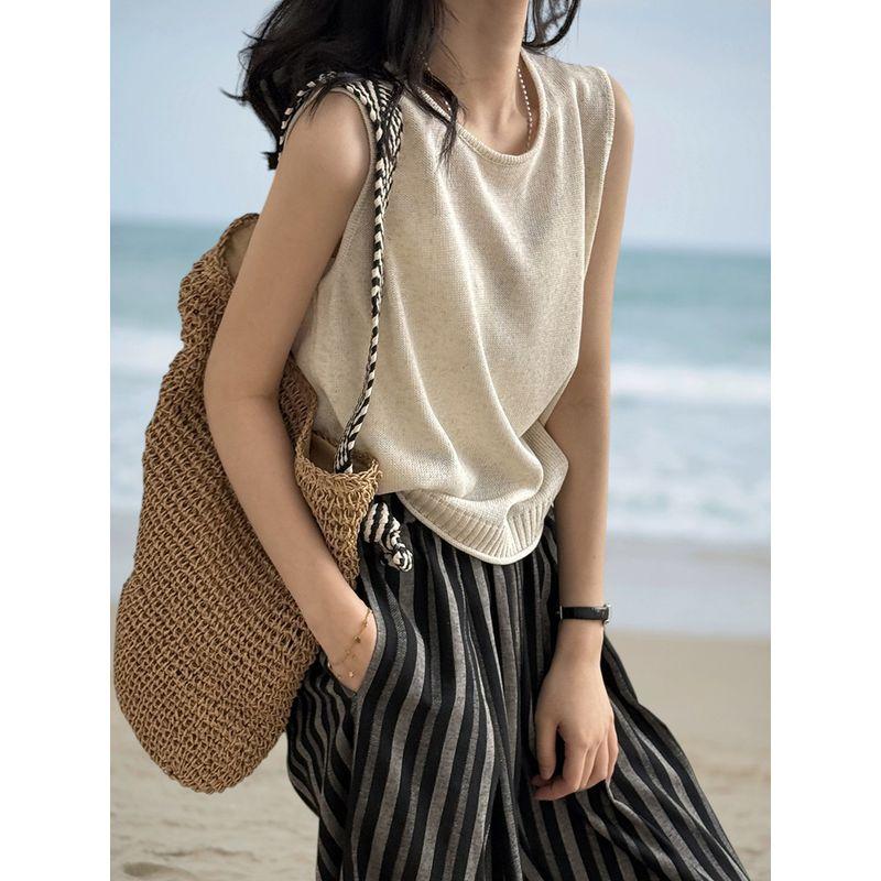 

Basic House/Baijiahao Simple and Laid-Back Linen Knitting Vest Women s Summer round Neck Tencel Base Tops Flower Rice One size