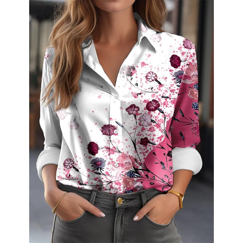 Summer Women's Shirt Flower Graphics Blouse Lapel Neck Blouse Women's Long Sleeve