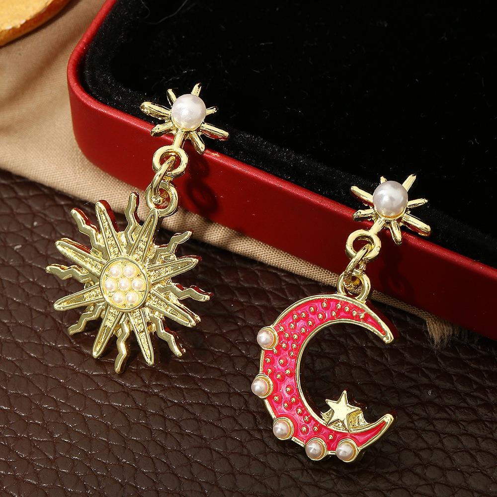 New  Inlaid Zircon Enamel  Moon Sun Asymmetrical Earrings Women Personalized Zircon Beach Holiday