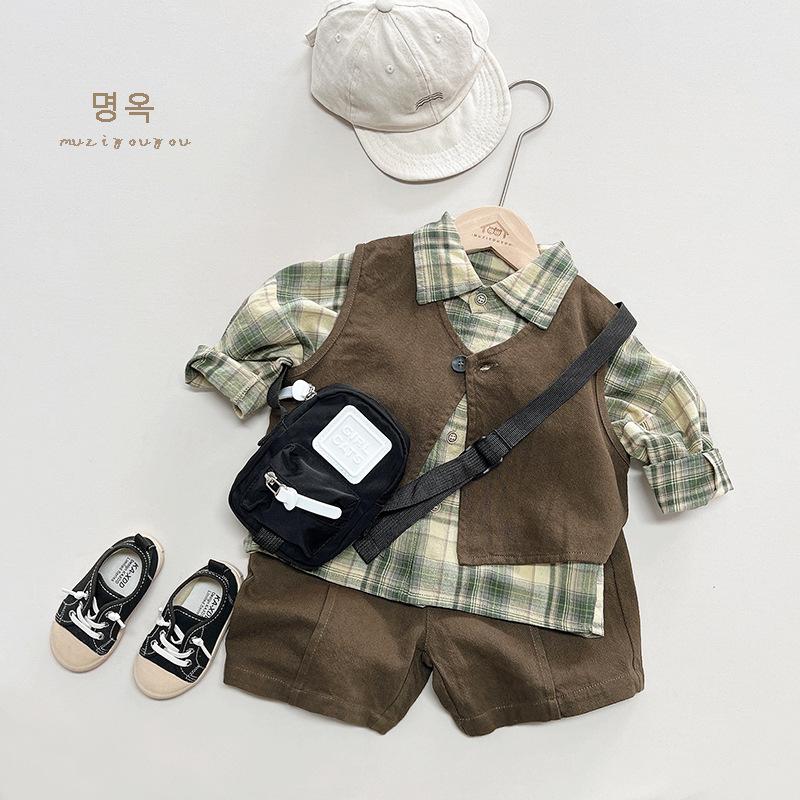 Vintage Korean Style Kids Plaid Long Sleeve Shirt Lightweight Outerwear For Boys Girls