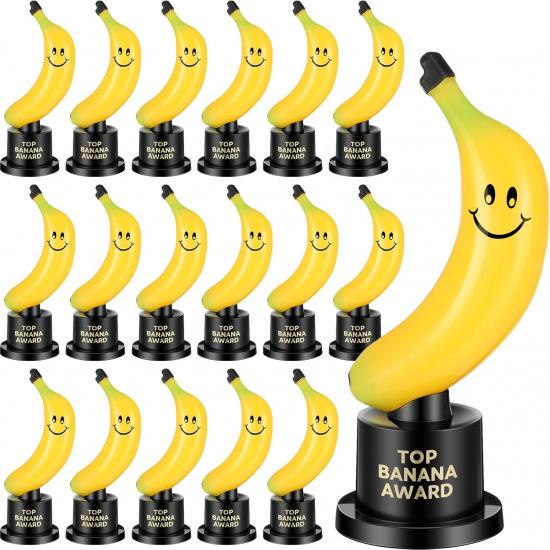 Tondiamo 24 Pcs Top Banana Award Trophy Plastic Cute Fun Banana Award Trophy Smiling Yellow Banana on Black Stand Funny Trophies Small Trophy Banana