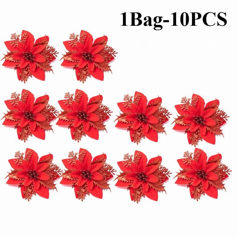 

50PCS Christmas Flower Glitter Powder Artificial Flower Christmas Decoration Christmas Tree Flower Christmas Gift Box Decora 1Bag червоний