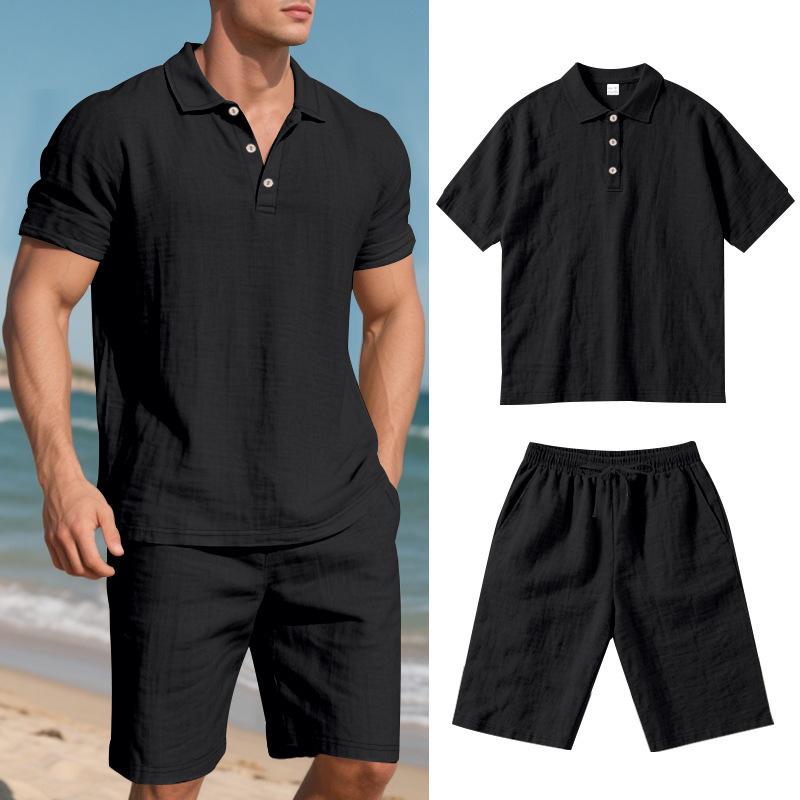 Mens Casual Solid Color Linen Short Sleeve Polo Shirt And Shorts Set