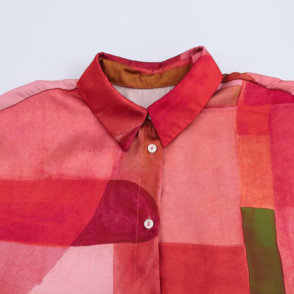 2025 Spring Women's Geometric Silk Satin Long Sleeve Shirt