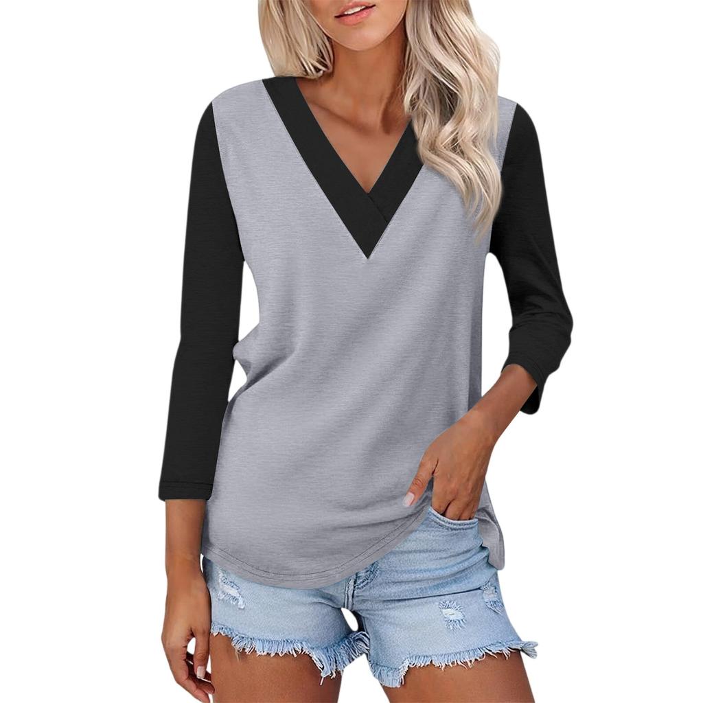 Women's Casual Fashion Sexy Comfortable V-neck Stitching Color Three-quarter Sleeve Top