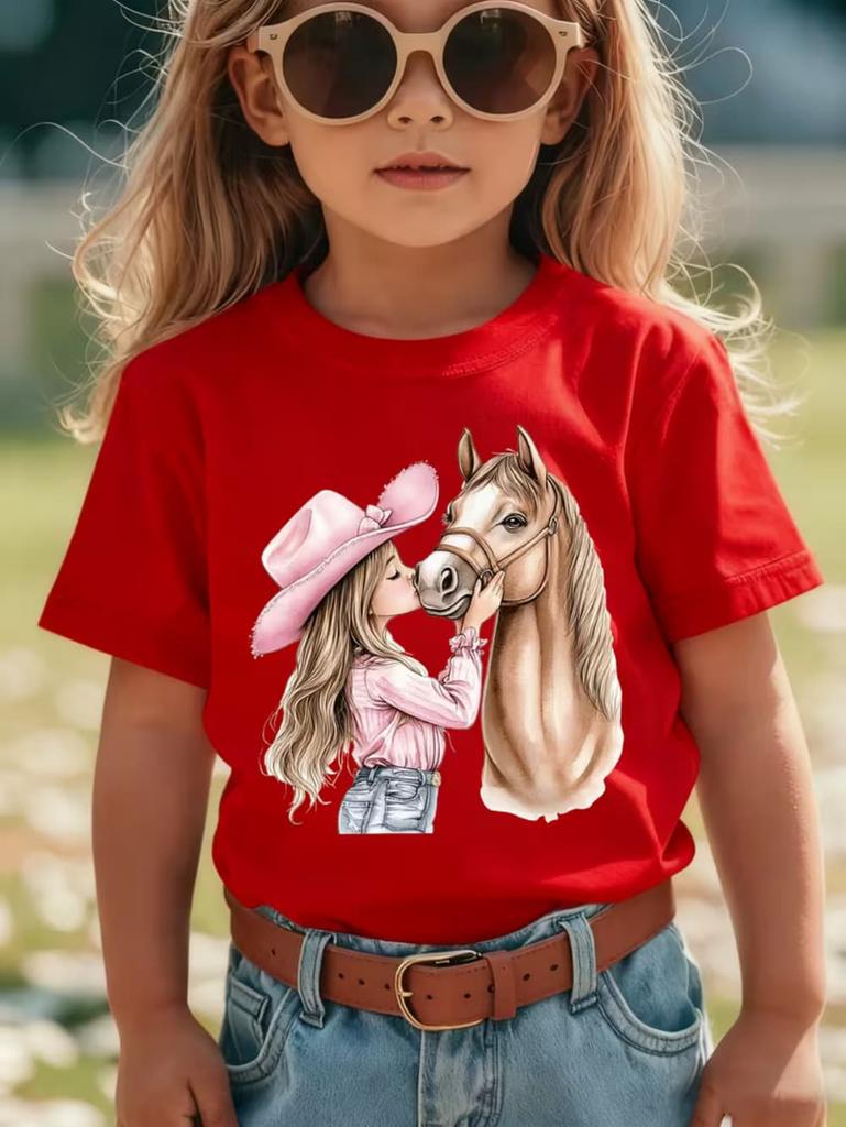Vestiti per Bambina Ragazza Carina Baci Stampa Cavallo Estate Manica Corta Casual Larghi Top per Bambini T-Shirt per Ragazze da Esterno Abbigliamento per Bambini