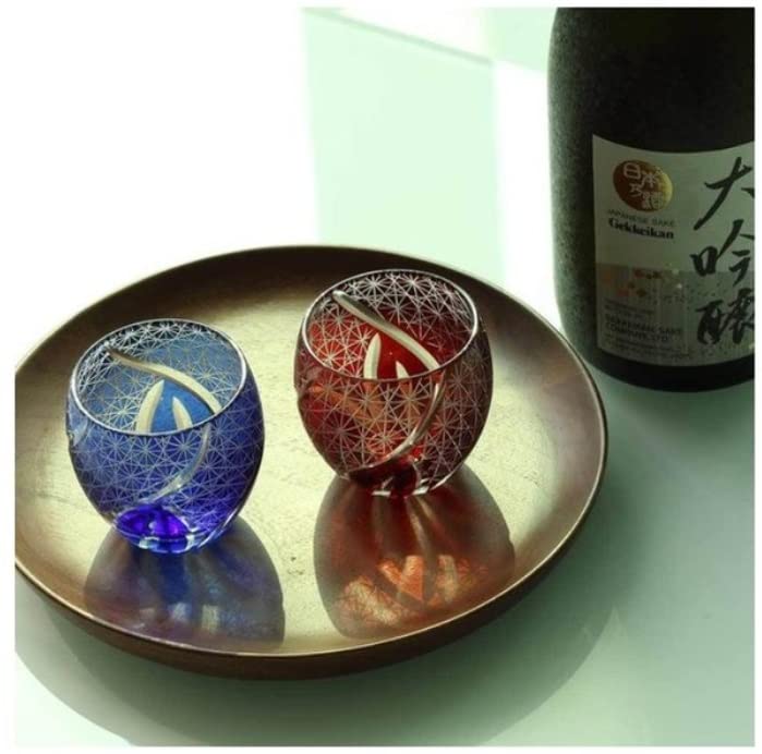 Kiriko Chrysanthemum Pattern and Glasses, (Red Blue)