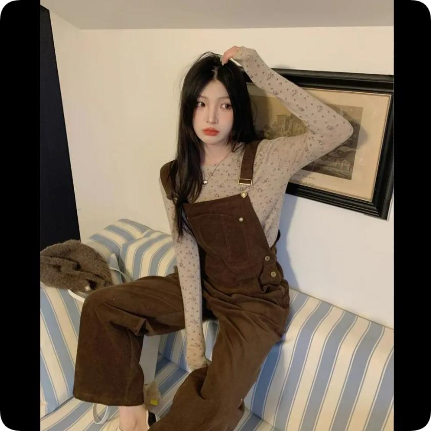 Retro Corduroy Overalls Female Students Loose Autumn Casual One-piece Wide-leg Pants