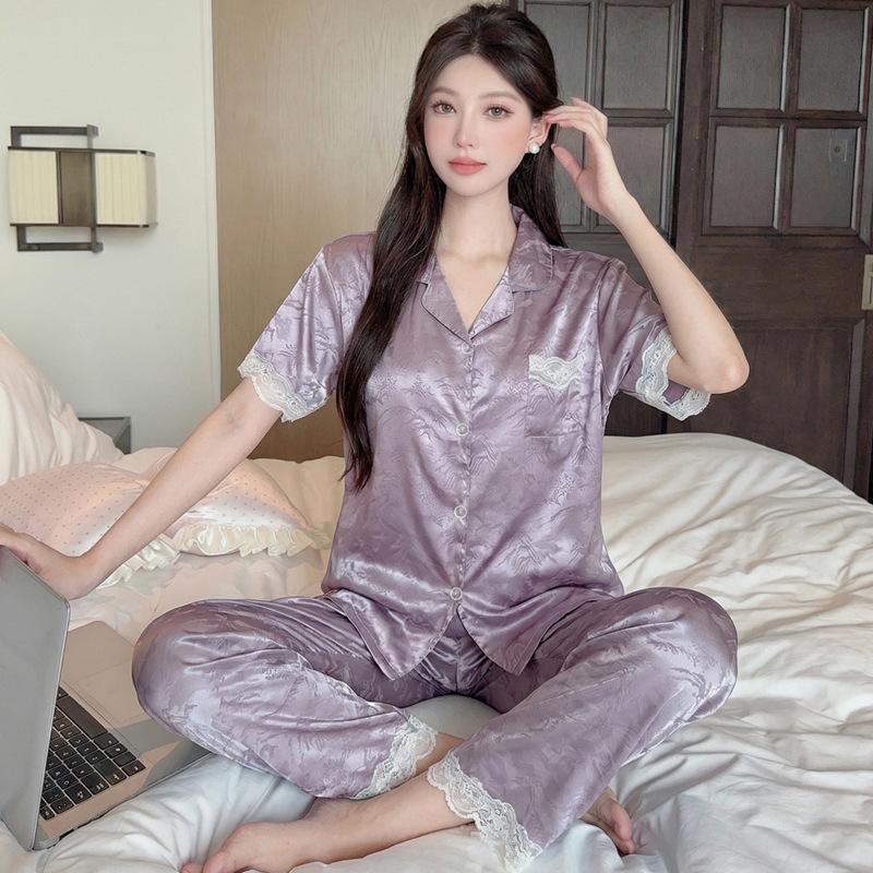 French high-end lace bow jacquard ice silk pajamas women's summer new short-sleeved trousers loungewear