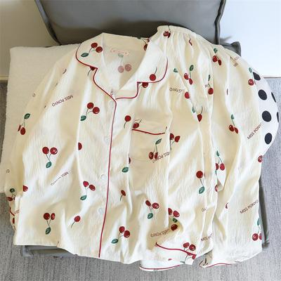 Cherry Print Two-piece Pajamas Set Autumn Imitation Cotton Pajamas Korean Style Home Wear Women's Trousers Top Set