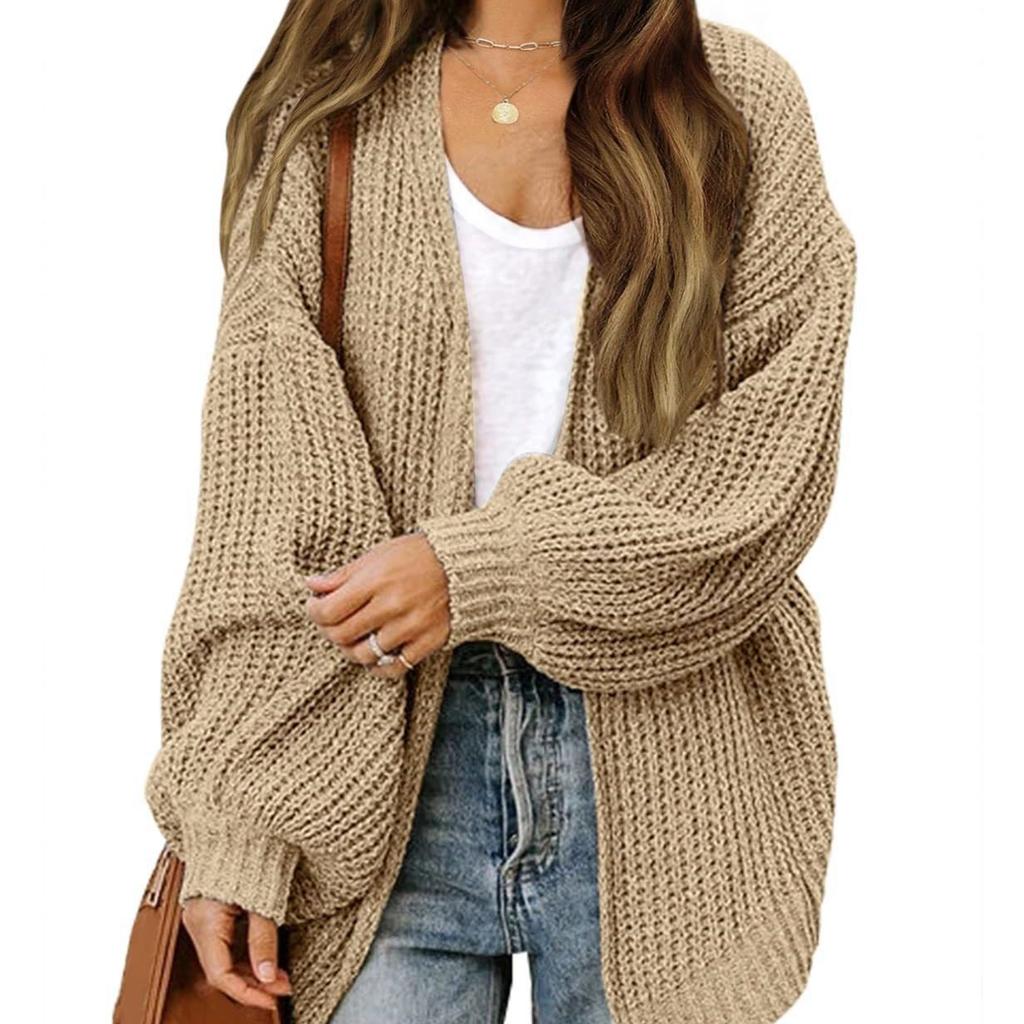 2024 Autumn/Winter New Amazon Foreign Trade Women's European & American Lantern Sleeve Cardigan Pocket Chunky Knitted Cross-border Sweater