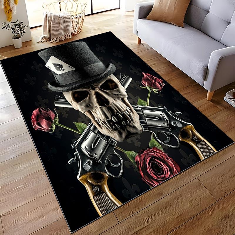"Skull with Top Hat, Guns, Roses, and Ace of Spades Printed Carpet" Suitable for use as an anti-slip for living room bedroom sofas