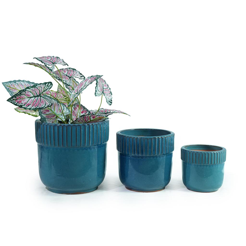 Handmade Ceramic Plant Pot Set 3-Piece (diameter 38/30.5/23 Cm), Glossy Turquoise Blue with Vertical Groove Trim, Frost-Resistant, with Drainage Holes